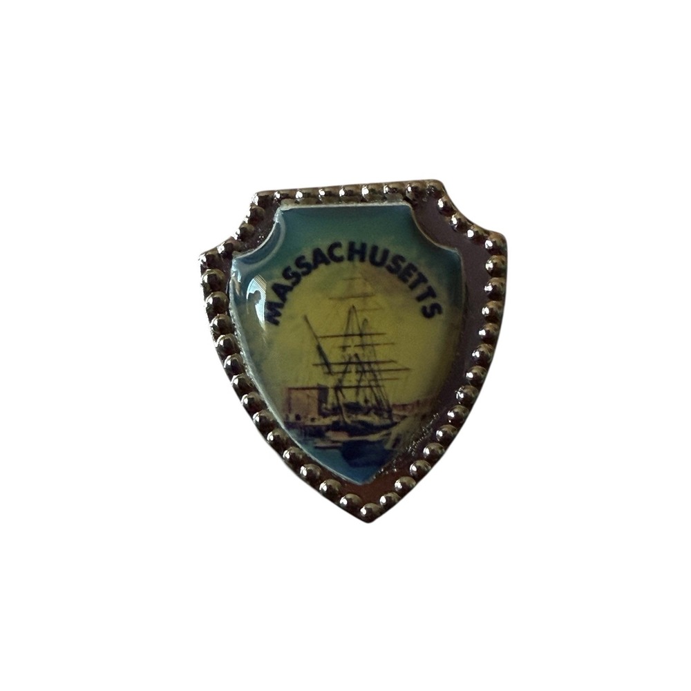 Vintage‎ Massachusetts State Souvenir Pin Silver Tone Shield Tall Ship Nautical